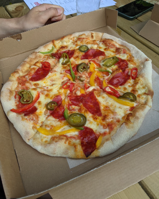 Pizza photographed at the Two Doves
